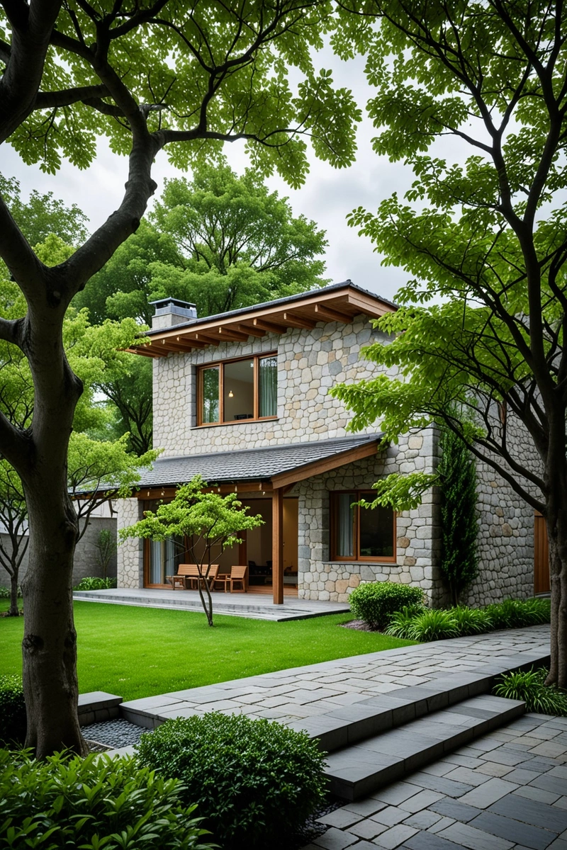 一座有着灰色石墙和木制屋顶边缘的现代住宅坐落在一棵大树下。这座房子有三个斜屋顶部分,还有一个带一棵树和一条长凳的小前院。天空是多云的,树有绿色的叶子。 一座有着灰色石墙和木制屋顶边缘的现代住宅坐落在一棵大树下。这座房子有三个斜屋顶部分,还有一个带一棵树和一条长凳的小前院。天空是多云的,树有绿色的叶子。