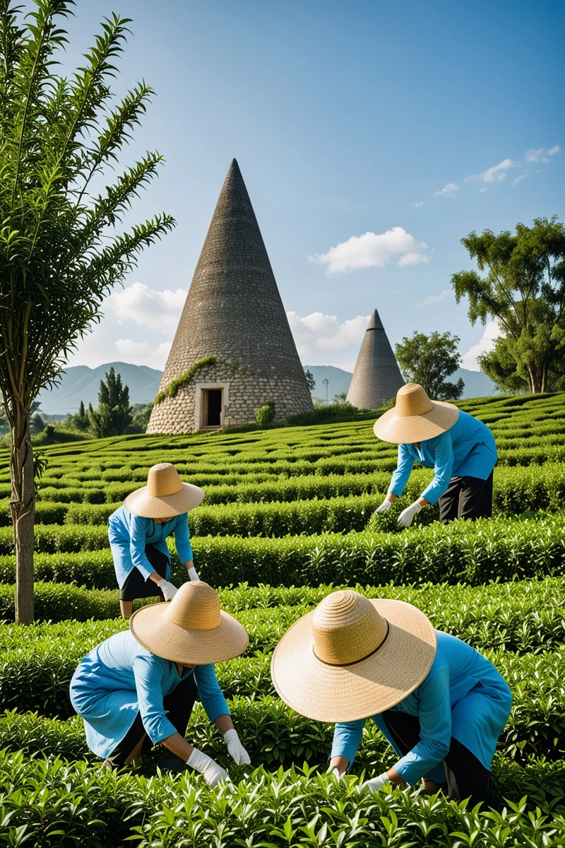 四个人戴着圆锥形的帽子，在一片绿油油的茶园里收割茶叶。在背景中，可以看到一座现代化的两层建筑，带有尖顶和玻璃幕墙。这座建筑是用石头建造的，一侧有一个形状独特的塔。天空是蓝色的，阳光灿烂。这幅图像被一层薄薄的白色边框框起来。