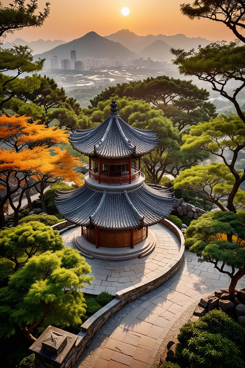 鸟瞰图:山顶上的中国馆,被树木环绕,俯瞰城市。展馆有一个弯曲的屋顶,由深灰色材料制成。天空是橙色的,朦胧的,营造出一种宁静的气氛。展馆位于一条石砌走道和一座传统中式建筑附近。景观由岩石、树木、灌木等自然元素和亭子、建筑等传统元素组成。整体风格是自然与文化的和谐融合。鸟瞰图,中国馆,山顶,树木,城市,深灰色材质,橘黄色天空,宁静大气,石砌走道,传统中式建筑,岩石,树木,灌木,自然元素,传统元素,和谐交融,与文化。 鸟瞰图:山顶上的中国馆,被树木环绕,俯瞰城市。展馆有一个弯曲的屋顶,由深灰色材料制成。天空是橙色的,朦胧的,营造出一种宁静的气氛。展馆位于一条石砌走道和一座传统中式建筑附近。景观由岩石、树木、灌木等自然元素和亭子、建筑等传统元素组成。整体风格是自然与文化的和谐融合。鸟瞰图,中国馆,山顶,树木,城市,深灰色材质,橘黄色天空,宁静大气,石砌走道,传统中式建筑,岩石,树木,灌木,自然元素,传统元素,和谐交融,与文化。
