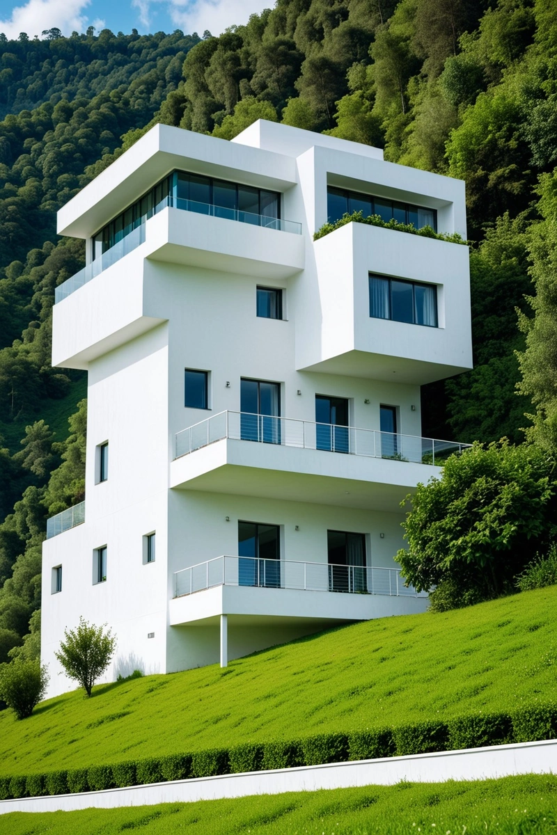 一座白色的几何形状的建筑矗立在郁郁葱葱的绿色山坡上。建筑周围环绕着绿色植物,并设有一个小阳台。头顶上的天空湛蓝而清澈。 一座白色的几何形状的建筑矗立在郁郁葱葱的绿色山坡上。建筑周围环绕着绿色植物,并设有一个小阳台。头顶上的天空湛蓝而清澈。