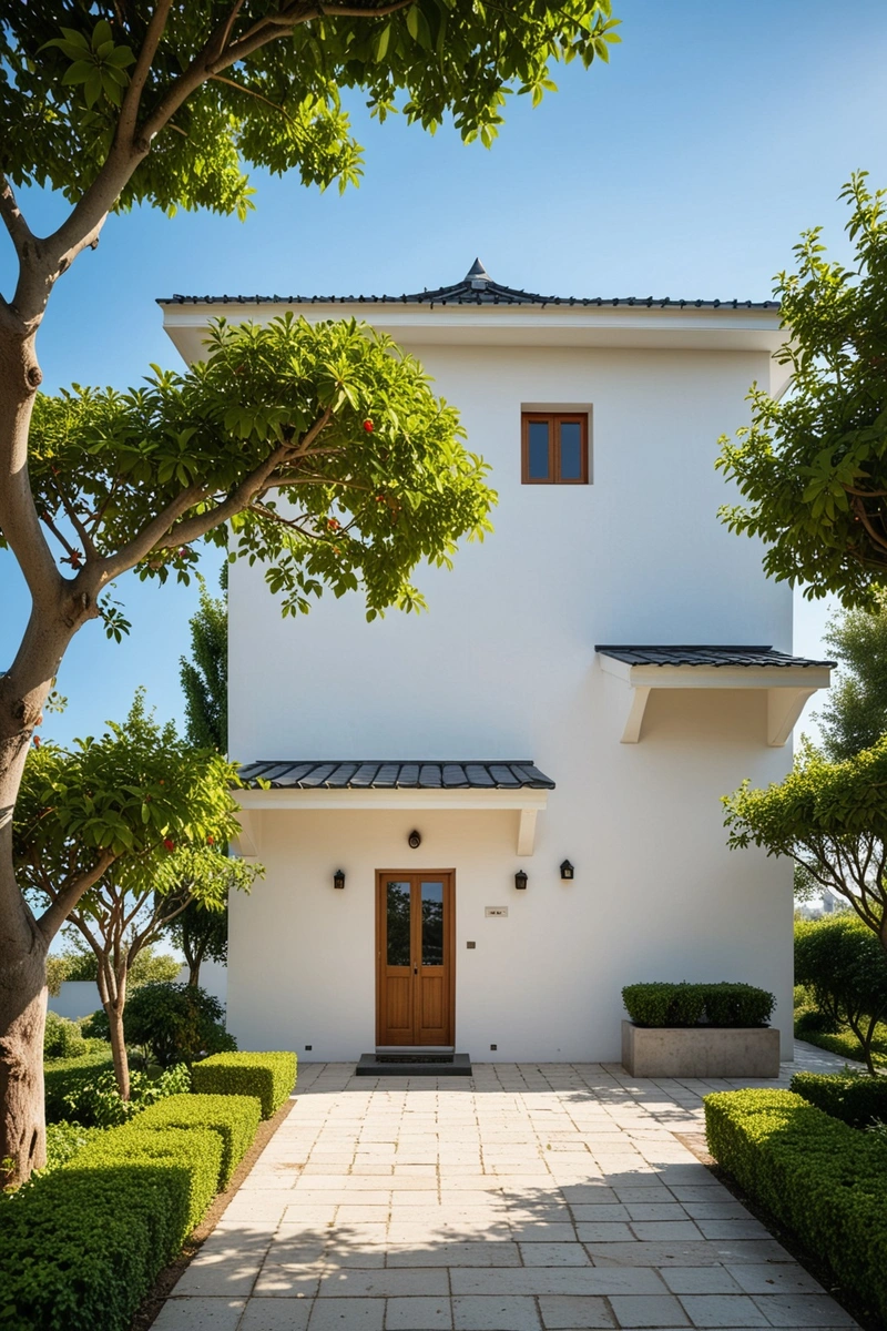 一座灰色屋顶的两层白色建筑坐落在花园中。这座建筑有几扇大窗户和一扇木门。有两把雨伞放在外面,一把在左边,另一把在右边。这座建筑有着独特的建筑风格,白色的墙壁和灰色的屋顶相结合。花园里有几棵树和灌木,右边的树下有一条长凳。天空是蓝色的,阳光灿烂。 一座灰色屋顶的两层白色建筑坐落在花园中。这座建筑有几扇大窗户和一扇木门。有两把雨伞放在外面,一把在左边,另一把在右边。这座建筑有着独特的建筑风格,白色的墙壁和灰色的屋顶相结合。花园里有几棵树和灌木,右边的树下有一条长凳。天空是蓝色的,阳光灿烂。
