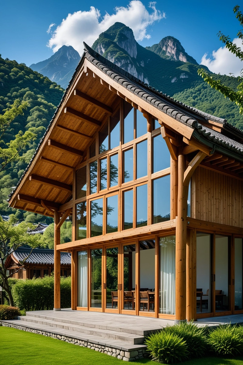 一个木质和玻璃结构的建筑，有倾斜的屋顶和屋檐，位于一个山村。该建筑设计独特，一楼有一面大玻璃墙，并用木结构支撑。外部由木材制成，用玻璃上釉。天空是蓝色的，点缀着缕缕云，预示着晴天。这座建筑坐落在一片郁郁葱葱的绿色草坪上，背后是群山。村子附近还有其他传统的中国建筑，增添了文化氛围。建筑的设计和材料反映了现代与传统元素的融合。整体风格是自然与建筑的和谐融合。