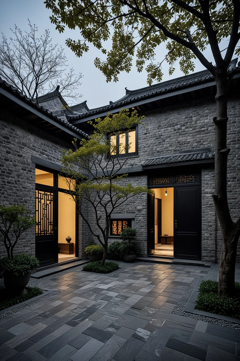 这幅图展示了一座有着灰色石头外墙的四合院。这座房子是用灰色的石头建造的,有一个尖顶。院子中央有一棵树,它的影子映在房子上。房子四周是灰色的石墙,墙壁上装饰着黑白瓷砖。房子有大窗户,透过窗户可以看到温暖的黄色光线。院子里铺着黑砖,院子周围种着一些小树木和灌木。天空是灰色的,似乎是阴天。这幅图捕捉了中国传统四合院的精髓,灰色的石头外墙,尖顶和宁静的庭院。 这幅图展示了一座有着灰色石头外墙的四合院。这座房子是用灰色的石头建造的,有一个尖顶。院子中央有一棵树,它的影子映在房子上。房子四周是灰色的石墙,墙壁上装饰着黑白瓷砖。房子有大窗户,透过窗户可以看到温暖的黄色光线。院子里铺着黑砖,院子周围种着一些小树木和灌木。天空是灰色的,似乎是阴天。这幅图捕捉了中国传统四合院的精髓,灰色的石头外墙,尖顶和宁静的庭院。