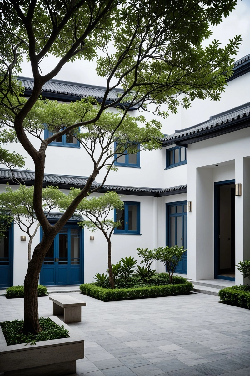 宁静的庭院是酒店的焦点,拥有传统的中国建筑和景观。这座建筑是白色的,屋顶是灰色的,点缀着蓝色。大窗户让自然光进入,照亮了空间。庭院中央种了一棵树,树下有一条长凳,供客人坐下来放松。整体风格是现代和极简主义,干净的线条和中性的色调。这张照片是在白天拍摄的,头顶是多云的天空。酒店的名字写在图片的左上角。 宁静的庭院是酒店的焦点,拥有传统的中国建筑和景观。这座建筑是白色的,屋顶是灰色的,点缀着蓝色。大窗户让自然光进入,照亮了空间。庭院中央种了一棵树,树下有一条长凳,供客人坐下来放松。整体风格是现代和极简主义,干净的线条和中性的色调。这张照片是在白天拍摄的,头顶是多云的天空。酒店的名字写在图片的左上角。