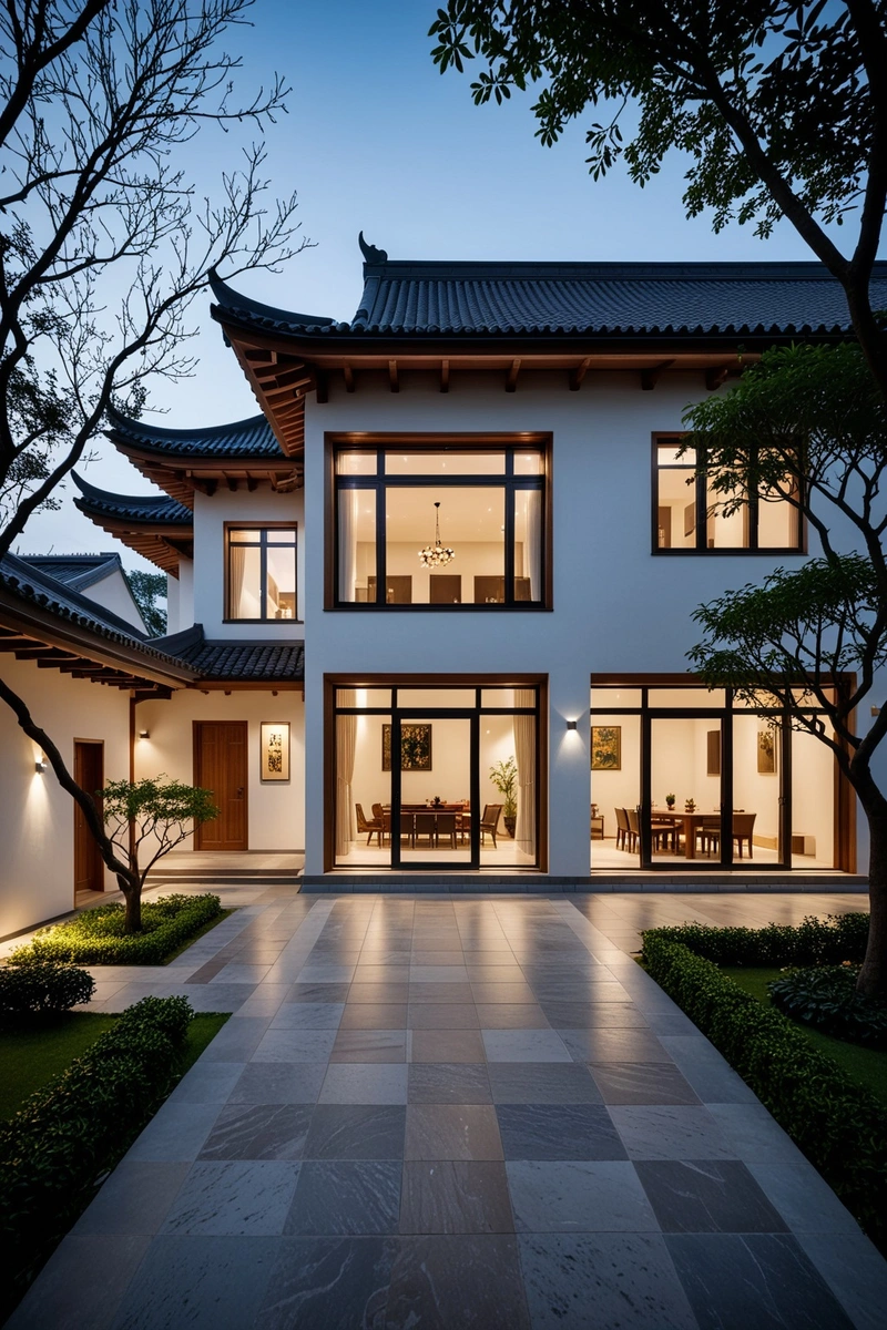 这幅图呈现了一座具有中国传统建筑风格的现代住宅。房子是白色的,有黑色的屋顶边缘和木制的装饰。它有一个大院子,院子里有一棵树和几条石凳。房子在晚上被点亮,营造出一种温暖和欢迎的氛围。窗户又大又多,让充足的自然光线进入房子。整体风格是传统与现代元素的和谐融合。构图是平衡的,主入口在图像的右侧,大庭院在前景,窗户和屋顶线条创造了一种深度感。这张照片是在白天拍摄的,明亮、清晰的光线证明了这一点。 这幅图呈现了一座具有中国传统建筑风格的现代住宅。房子是白色的,有黑色的屋顶边缘和木制的装饰。它有一个大院子,院子里有一棵树和几条石凳。房子在晚上被点亮,营造出一种温暖和欢迎的氛围。窗户又大又多,让充足的自然光线进入房子。整体风格是传统与现代元素的和谐融合。构图是平衡的,主入口在图像的右侧,大庭院在前景,窗户和屋顶线条创造了一种深度感。这张照片是在白天拍摄的,明亮、清晰的光线证明了这一点。