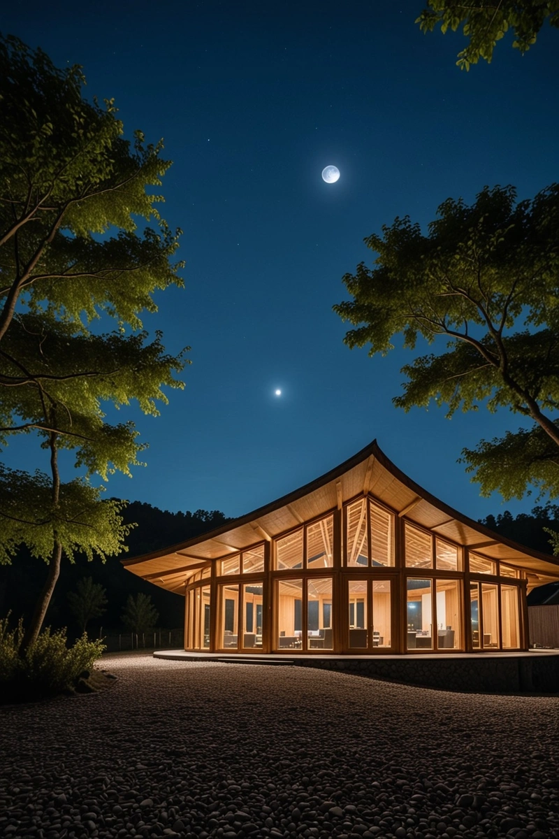 一座带有弧形屋顶的木制和玻璃建筑坐落在砾石地块上。这座建筑有一个茅草屋顶,四周环绕着树木。天空是蓝色的,可以看到月亮的一小片。 一座带有弧形屋顶的木制和玻璃建筑坐落在砾石地块上。这座建筑有一个茅草屋顶,四周环绕着树木。天空是蓝色的,可以看到月亮的一小片。