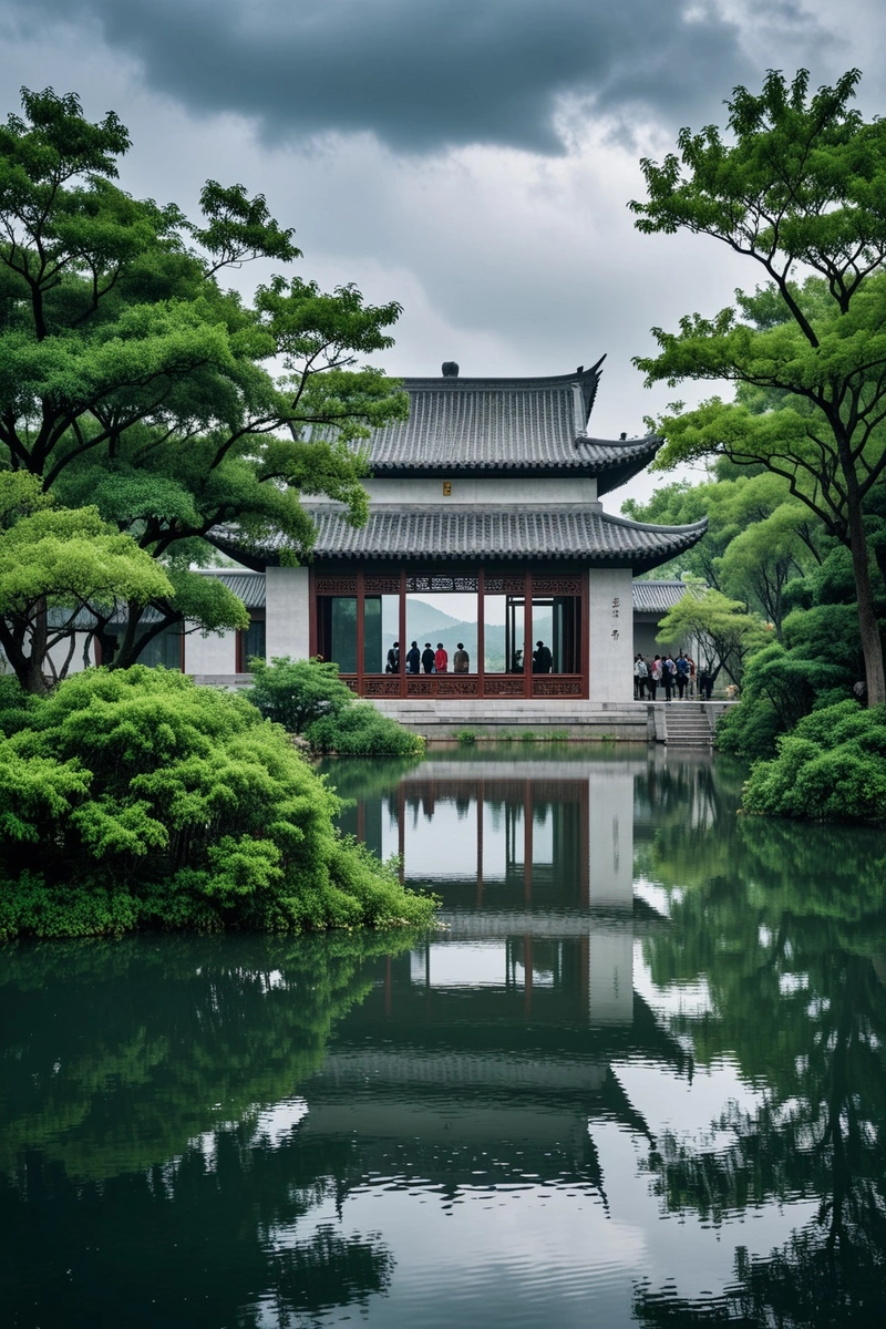 一座具有中国传统元素的现代建筑,坐落在湖边。建筑是灰白色的,有大窗户和灰色屋顶。它具有中国特色的现代风格。建筑四周环绕着绿色植物,包括树木和灌木。人们在建筑外散步,从事各种活动。天空阴沉沉的,乌云密布,给人一种忧郁的气氛。这张照片的标题是《西溪新景观》,表明西溪是一个新建成的地区。 一座具有中国传统元素的现代建筑,坐落在湖边。建筑是灰白色的,有大窗户和灰色屋顶。它具有中国特色的现代风格。建筑四周环绕着绿色植物,包括树木和灌木。人们在建筑外散步,从事各种活动。天空阴沉沉的,乌云密布,给人一种忧郁的气氛。这张照片的标题是《西溪新景观》,表明西溪是一个新建成的地区。