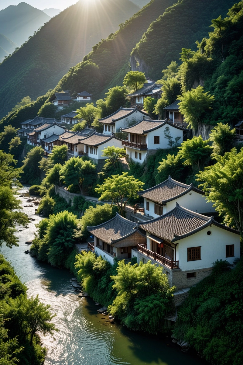 一个宁静的村庄坐落在群山之中，周围是传统的中国建筑和郁郁葱葱的绿色植物。这张照片捕捉到了村庄的美丽，展示了它与自然的和谐。村庄以一系列灰色屋顶的白色房屋为特色，这些房屋分散在整个景观中。房屋的建造方式最大限度地利用了自然光和通风。村庄被郁郁葱葱的绿色森林环绕，一条小河穿过森林，增添了宁静的气氛。这幅图捕捉了中国传统乡村生活的精髓，人们与自然和谐相处。这张照片是在一个阳光明媚的日子里拍摄的，阳光明媚地照在村庄上，在房子和周围的风景上投下长长的阴影。这张照片构图很好，村庄、山脉和天空都达到了完美的平衡。光影的运用增加了照片的深度和维度，使其成为中国传统建筑和乡村生活的美丽表现。