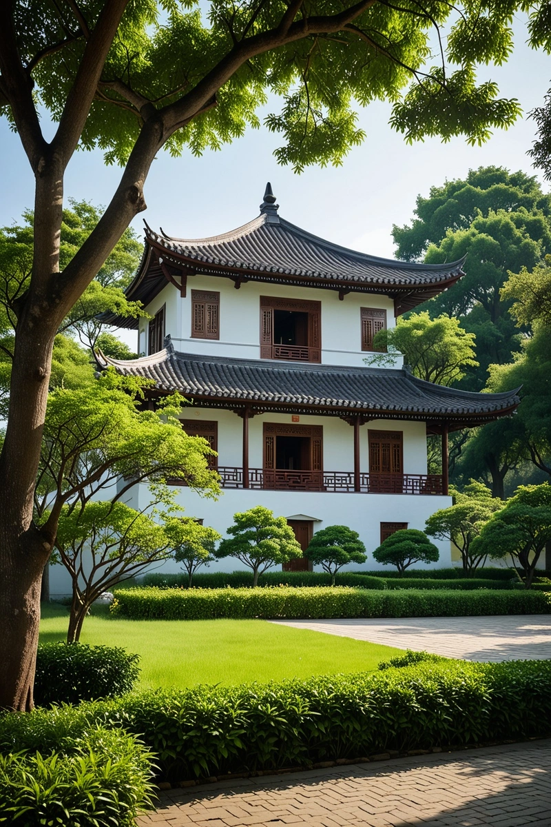 一个坐落在郁郁葱葱的绿色田野上的中式建筑的宁静和宁静的形象。建筑是白色的,具有传统元素,如斜屋顶和屋檐。周围环境由大片草地、高大的树木和一些小灌木组成。建筑附近有两把大伞,为座位区提供遮阳。天空晴朗而湛蓝,表明今天是晴天。这张照片构图很好,建筑是中心焦点,周围的元素为场景增加了平衡和深度。光影的运用创造了一种立体感和质感,增加了图像的整体美感。建筑风格是传统与现代元素的和谐融合,反映了文化影响的融合。 一个坐落在郁郁葱葱的绿色田野上的中式建筑的宁静和宁静的形象。建筑是白色的,具有传统元素,如斜屋顶和屋檐。周围环境由大片草地、高大的树木和一些小灌木组成。建筑附近有两把大伞,为座位区提供遮阳。天空晴朗而湛蓝,表明今天是晴天。这张照片构图很好,建筑是中心焦点,周围的元素为场景增加了平衡和深度。光影的运用创造了一种立体感和质感,增加了图像的整体美感。建筑风格是传统与现代元素的和谐融合,反映了文化影响的融合。