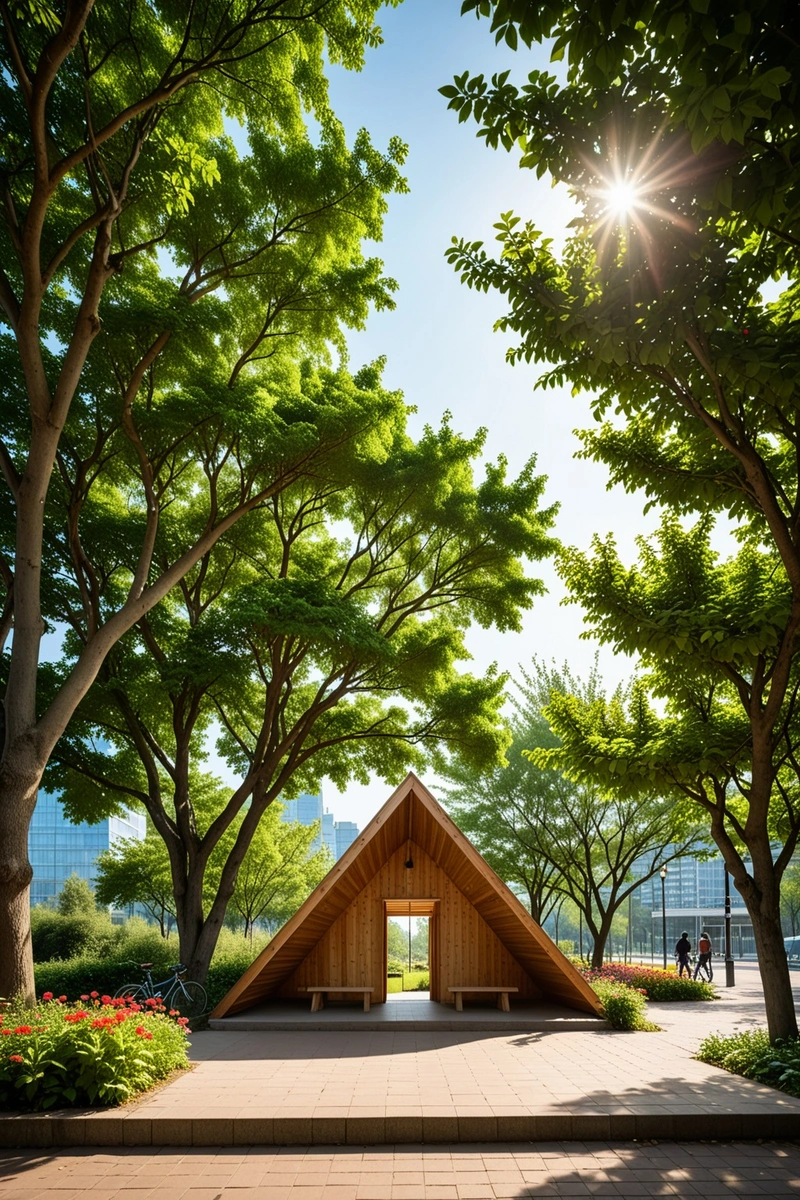 一个三角形屋顶的木制庇护所位于一个被高层建筑包围的公园里。人们坐在庇护所下面的长椅上,附近停着几辆自行车。一个人在公园里骑自行车。庇护所位于一棵大树的前面,几个台阶通向入口。这个庇护所被绿色的灌木和五颜六色的花朵包围着。天空是蓝色的,阳光灿烂。 一个三角形屋顶的木制庇护所位于一个被高层建筑包围的公园里。人们坐在庇护所下面的长椅上,附近停着几辆自行车。一个人在公园里骑自行车。庇护所位于一棵大树的前面,几个台阶通向入口。这个庇护所被绿色的灌木和五颜六色的花朵包围着。天空是蓝色的,阳光灿烂。
