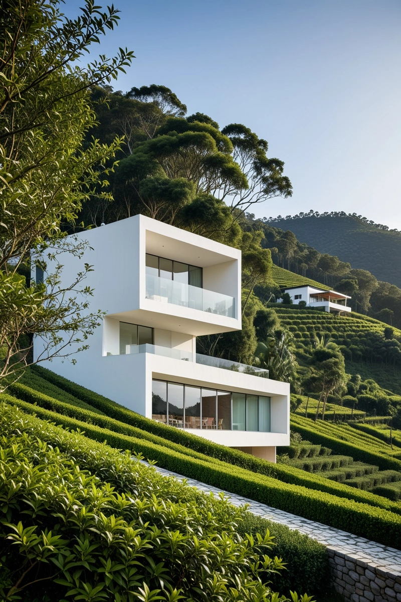 一座白色、棱角分明的现代住宅坐落在山顶上,俯瞰着茶园。房子坐落在农村地区,在前景可以看到一座砖石建筑。天空是清澈的蓝色,建筑的设计和材料与景观形成鲜明的对比。这座房子独特的建筑风格体现在其大胆的几何形状和与周围环境的融合方式上。白色和玻璃的使用为结构增加了开放和通风的感觉,而砖和石材则给人一种温暖、质朴的感觉。图像由树篱框起,为构图增加了深度和维度感。 一座白色、棱角分明的现代住宅坐落在山顶上,俯瞰着茶园。房子坐落在农村地区,在前景可以看到一座砖石建筑。天空是清澈的蓝色,建筑的设计和材料与景观形成鲜明的对比。这座房子独特的建筑风格体现在其大胆的几何形状和与周围环境的融合方式上。白色和玻璃的使用为结构增加了开放和通风的感觉,而砖和石材则给人一种温暖、质朴的感觉。图像由树篱框起,为构图增加了深度和维度感。