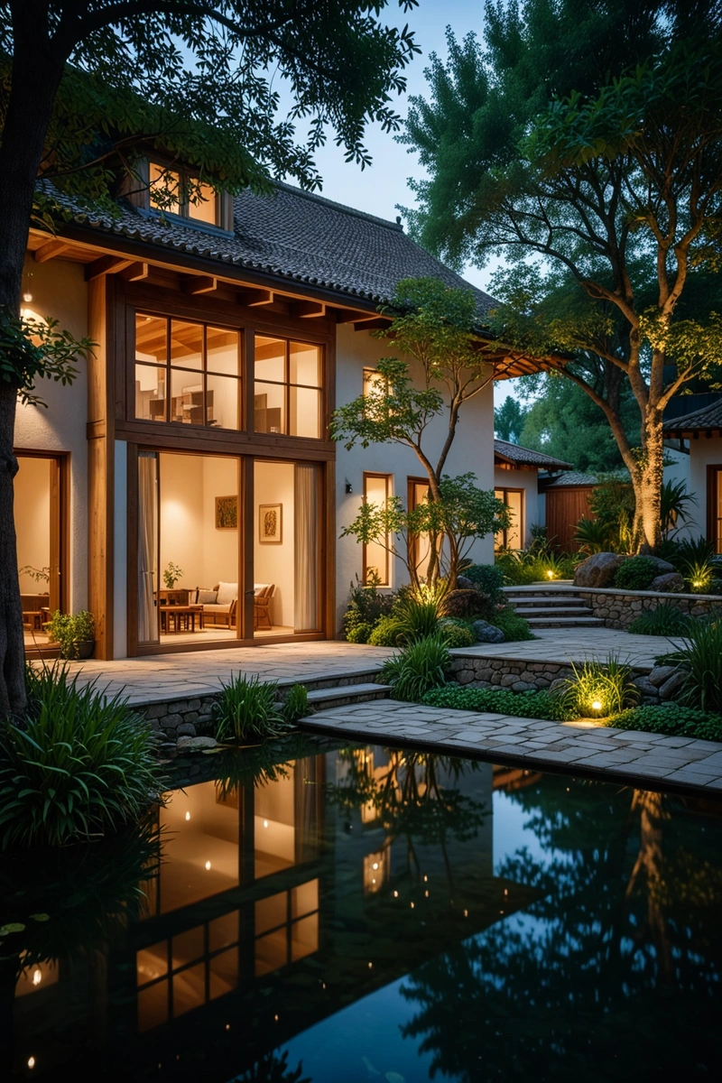一个宁静的四合院,有一个池塘和木制的口音。 一个宁静的四合院,有一个池塘和木制的口音。