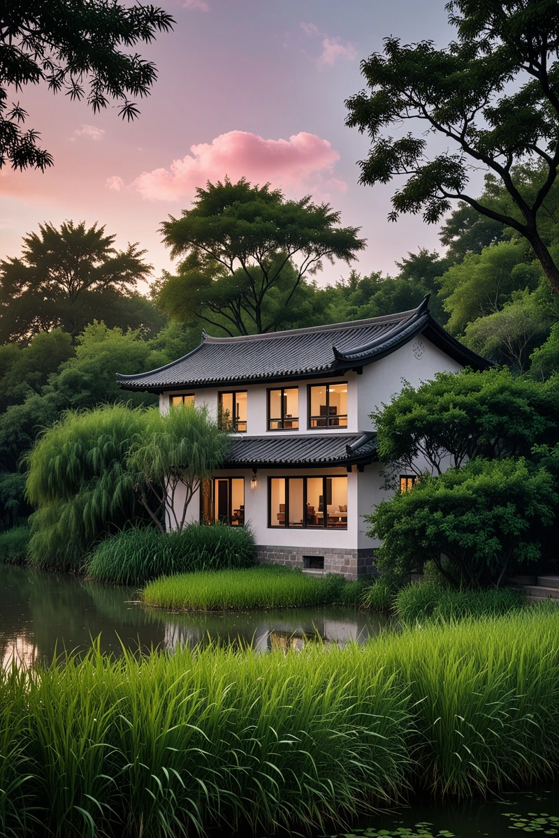 一座宁静的房子坐落在河岸上,周围是高大的草和树。天空是粉红色和灰色的混合,表明这是一个阴天。这座房子以传统的中国建筑元素为特色,屋顶是黑瓦,墙壁是白墙。大窗户允许自然光进入室内。整体风格宁静祥和,与周围的自然环境和谐一致。 一座宁静的房子坐落在河岸上,周围是高大的草和树。天空是粉红色和灰色的混合,表明这是一个阴天。这座房子以传统的中国建筑元素为特色,屋顶是黑瓦,墙壁是白墙。大窗户允许自然光进入室内。整体风格宁静祥和,与周围的自然环境和谐一致。