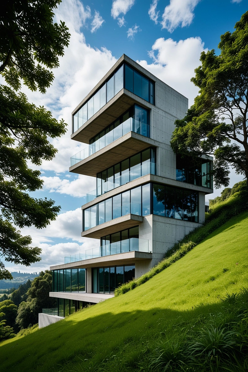 一座现代设计的三层建筑坐落在长满草的山坡上。这座建筑有一个倾斜的屋顶,所有楼层都有大玻璃窗。外部由混凝土和玻璃制成,给人一种时尚和现代的感觉。建筑周围是郁郁葱葱的绿色植物,包括草坪和几棵树。天空是蓝色的,有一缕云,有一种宁静和宁静的感觉。这座建筑以其引人注目的建筑和美丽的环境在图像中脱颖而出。 一座现代设计的三层建筑坐落在长满草的山坡上。这座建筑有一个倾斜的屋顶,所有楼层都有大玻璃窗。外部由混凝土和玻璃制成,给人一种时尚和现代的感觉。建筑周围是郁郁葱葱的绿色植物,包括草坪和几棵树。天空是蓝色的,有一缕云,有一种宁静和宁静的感觉。这座建筑以其引人注目的建筑和美丽的环境在图像中脱颖而出。
