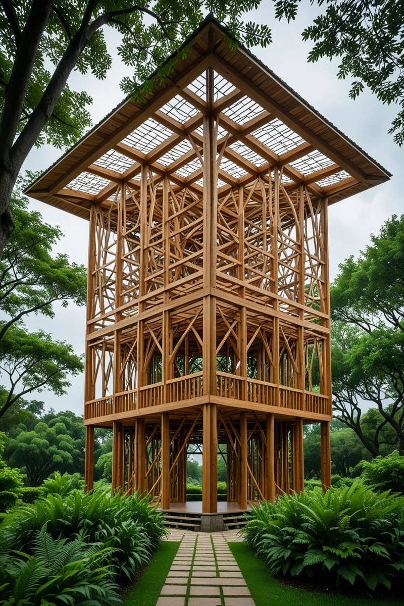 一个美丽而复杂的木结构,可能是亭子或花园中的房子,屹立在公园里。该建筑由许多相互连接的木棒组成,排列成几何图案。建筑被郁郁葱葱的绿色植物和树木所包围,增添了自然和宁静的氛围。可以看到人们站在大楼外面,可能是在欣赏它的建筑之美。上面的天空阴沉沉的,给人一种忧郁和大气的感觉。这幅画是现代建筑与自然完美融合的典范。 一个美丽而复杂的木结构,可能是亭子或花园中的房子,屹立在公园里。该建筑由许多相互连接的木棒组成,排列成几何图案。建筑被郁郁葱葱的绿色植物和树木所包围,增添了自然和宁静的氛围。可以看到人们站在大楼外面,可能是在欣赏它的建筑之美。上面的天空阴沉沉的,给人一种忧郁和大气的感觉。这幅画是现代建筑与自然完美融合的典范。