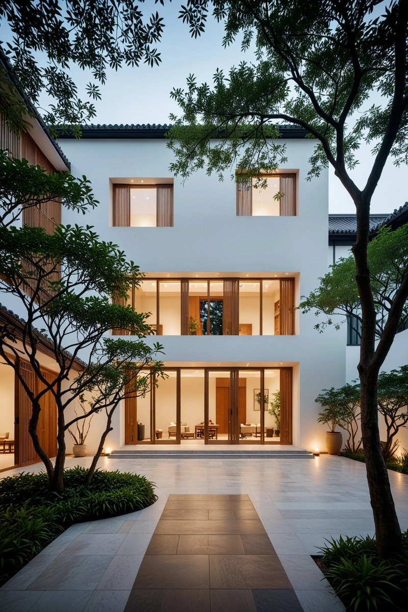 这是一座带有传统元素的现代中国建筑的宁静形象,以庭院、木制口音和白色外观为特色。该建筑坐落在郁郁葱葱的绿色环境中,前景有一棵树和吊床。灯光突出了建筑细节,创造了一个温暖而诱人的氛围。这幅图捕捉到了现代建筑和中国传统设计的美。 这是一座带有传统元素的现代中国建筑的宁静形象,以庭院、木制口音和白色外观为特色。该建筑坐落在郁郁葱葱的绿色环境中,前景有一棵树和吊床。灯光突出了建筑细节,创造了一个温暖而诱人的氛围。这幅图捕捉到了现代建筑和中国传统设计的美。