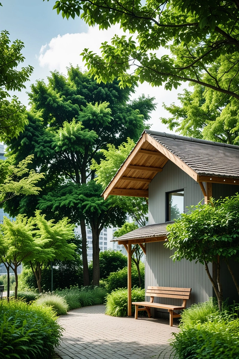 公园里有一个尖屋顶的木制庇护所。人们四处散步,享受着绿意。庇护所下面有一条长凳,上面长着一棵树。屋顶是用木板做的,墙壁也是用木头做的。掩体四周是绿色的灌木和小树。在图片的左上角,一个人拿着一把伞。在背景中,有一座高层建筑和一座灰色墙壁的建筑。天空是白色和明亮的。 公园里有一个尖屋顶的木制庇护所。人们四处散步,享受着绿意。庇护所下面有一条长凳,上面长着一棵树。屋顶是用木板做的,墙壁也是用木头做的。掩体四周是绿色的灌木和小树。在图片的左上角,一个人拿着一把伞。在背景中,有一座高层建筑和一座灰色墙壁的建筑。天空是白色和明亮的。