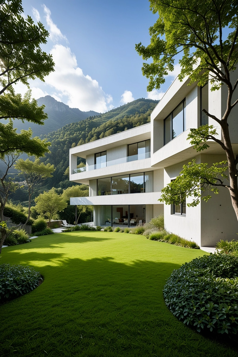 一座有着混凝土外墙和大庭院的现代住宅。房子坐落在山坡上,背景是树木和山脉。这所房子有独特的建筑风格,有悬挑的部分和大窗户。外部被漆成浅灰色,而内部是白色的。房子周围是郁郁葱葱的绿色景观,院子里有一棵大树。天空晴朗而湛蓝,表明今天是晴天。这张照片是在白天拍摄的。 一座有着混凝土外墙和大庭院的现代住宅。房子坐落在山坡上,背景是树木和山脉。这所房子有独特的建筑风格,有悬挑的部分和大窗户。外部被漆成浅灰色,而内部是白色的。房子周围是郁郁葱葱的绿色景观,院子里有一棵大树。天空晴朗而湛蓝,表明今天是晴天。这张照片是在白天拍摄的。