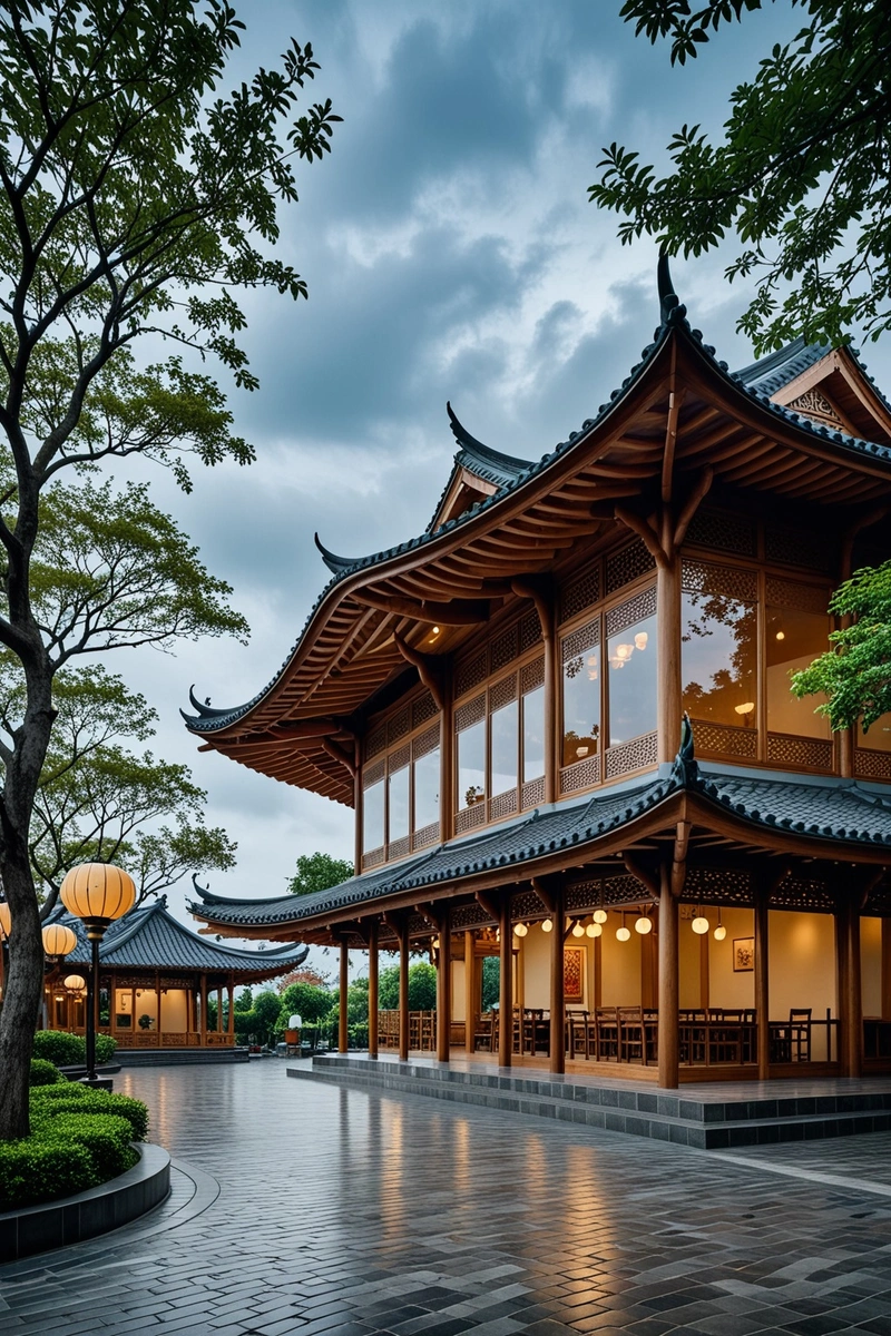 一个不寻常的木制建筑,苏萨茶馆,坐落在城市广场上。建筑的设计就像一个波浪,有一个弯曲的屋顶和一个长而弯曲的木制立面。外面装饰着雕塑和灯笼。建筑四周是图案瓷砖地板和高大的树木。天空是蓝色的,但右边有乌云,预示着阴天。图片的左边是一座摩天大楼,背景是一个玻璃亭子。整体风格是现代与传统元素的独特融合。 一个不寻常的木制建筑,苏萨茶馆,坐落在城市广场上。建筑的设计就像一个波浪,有一个弯曲的屋顶和一个长而弯曲的木制立面。外面装饰着雕塑和灯笼。建筑四周是图案瓷砖地板和高大的树木。天空是蓝色的,但右边有乌云,预示着阴天。图片的左边是一座摩天大楼,背景是一个玻璃亭子。整体风格是现代与传统元素的独特融合。
