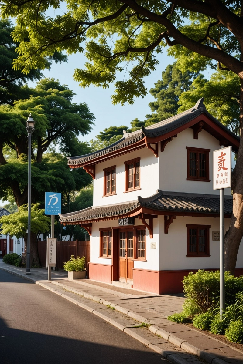 这是一座白色和棕色相间的小建筑，屋顶是斜的，牌子上写着“水仙花车站”。该建筑具有传统的中国建筑元素，如木屋檐和红砖墙。外部装饰着木栅栏和郁郁葱葱的树木。建筑坐落在一条小路上，有一条人行道通向它。天空是湛蓝的，街道上空荡荡的，除了人行道上的几张长凳。建筑及其周围环境的整体风格是质朴而迷人的。