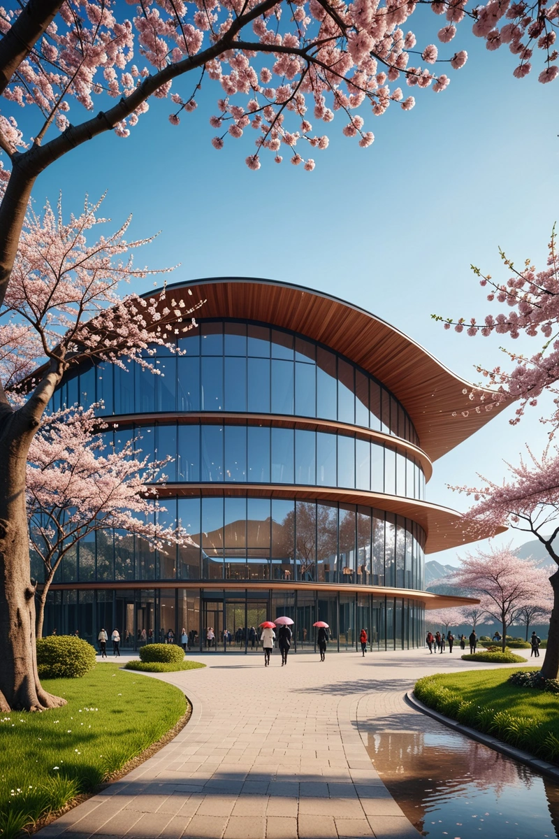 建筑效果图展示了一座现代建筑,有弯曲的屋顶和大玻璃窗。外观的设计风格类似于中国传统建筑。建筑坐落在一个公园里,前景是樱花树,背景是清澈的蓝天。人们在大楼里走来走去,有些人打着雨伞遮挡雨水。整体气氛平静祥和。 建筑效果图展示了一座现代建筑,有弯曲的屋顶和大玻璃窗。外观的设计风格类似于中国传统建筑。建筑坐落在一个公园里,前景是樱花树,背景是清澈的蓝天。人们在大楼里走来走去,有些人打着雨伞遮挡雨水。整体气氛平静祥和。