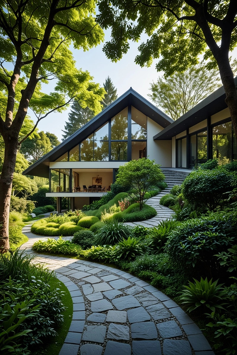 这幅画描绘了一座坐落在郁郁葱葱的绿地上的房子的风景。这座房子是一座现代建筑,拥有独特的三角形屋顶和尖头入口。屋顶覆盖着绿色材料,给房子一个自然而宁静的外观。房子坐落在一个石头铺成的庭院里,周围环绕着树木和一个小花园。庭院宽敞明亮,有几个人在走动。房子的整体风格和周围的环境是现代和环保的。这张照片捕捉到了自然之美以及房子与周围环境之间的和谐。 这幅画描绘了一座坐落在郁郁葱葱的绿地上的房子的风景。这座房子是一座现代建筑,拥有独特的三角形屋顶和尖头入口。屋顶覆盖着绿色材料,给房子一个自然而宁静的外观。房子坐落在一个石头铺成的庭院里,周围环绕着树木和一个小花园。庭院宽敞明亮,有几个人在走动。房子的整体风格和周围的环境是现代和环保的。这张照片捕捉到了自然之美以及房子与周围环境之间的和谐。