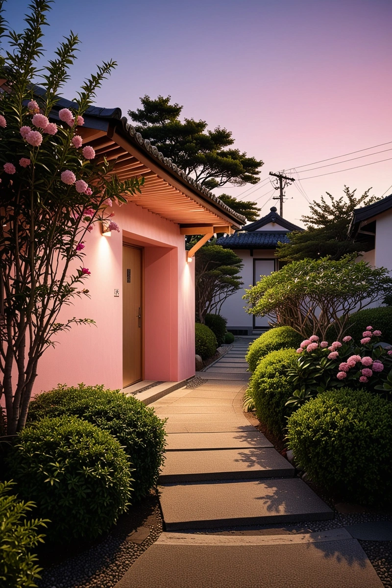 一条光线充足的入口通往一座茅草屋顶的小型现代建筑。外部被漆成粉红色和白色的渐变。小路两旁是一个灌木丛生的小花园。天空是深蓝色的,远处有电线。整体风格是传统和现代日本建筑的独特融合。 一条光线充足的入口通往一座茅草屋顶的小型现代建筑。外部被漆成粉红色和白色的渐变。小路两旁是一个灌木丛生的小花园。天空是深蓝色的,远处有电线。整体风格是传统和现代日本建筑的独特融合。