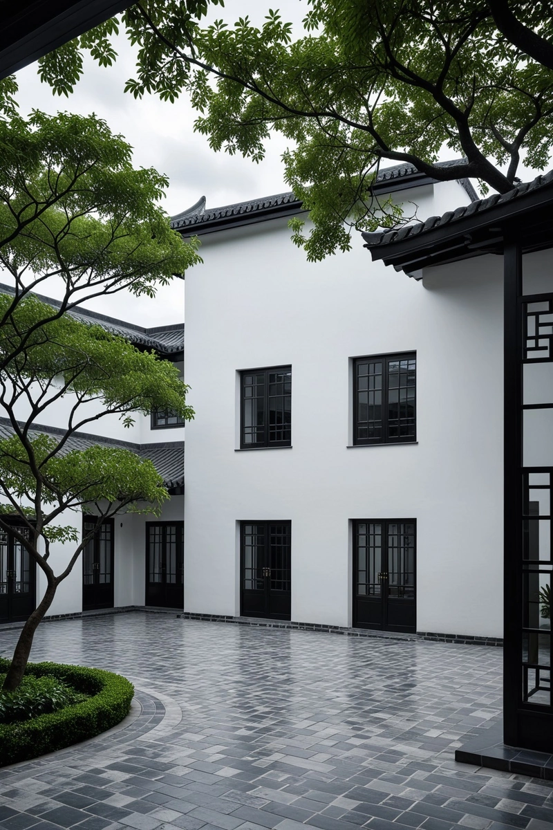 四合院,中间有一个大庭院,四周是白墙和大窗户。房子以传统的中国建筑元素为特色,如屋顶上的黑瓦和装饰的屋檐。墙壁漆成白色,窗户的边框是黑色的。房子被郁郁葱葱的绿树环绕,营造出一种宁静祥和的氛围。院子里铺着灰砖,装饰着几张长椅,供人们放松。天空乌云密布,预示着阴天。这所房子的整体风格是传统与现代元素的和谐结合。 四合院,中间有一个大庭院,四周是白墙和大窗户。房子以传统的中国建筑元素为特色,如屋顶上的黑瓦和装饰的屋檐。墙壁漆成白色,窗户的边框是黑色的。房子被郁郁葱葱的绿树环绕,营造出一种宁静祥和的氛围。院子里铺着灰砖,装饰着几张长椅,供人们放松。天空乌云密布,预示着阴天。这所房子的整体风格是传统与现代元素的和谐结合。