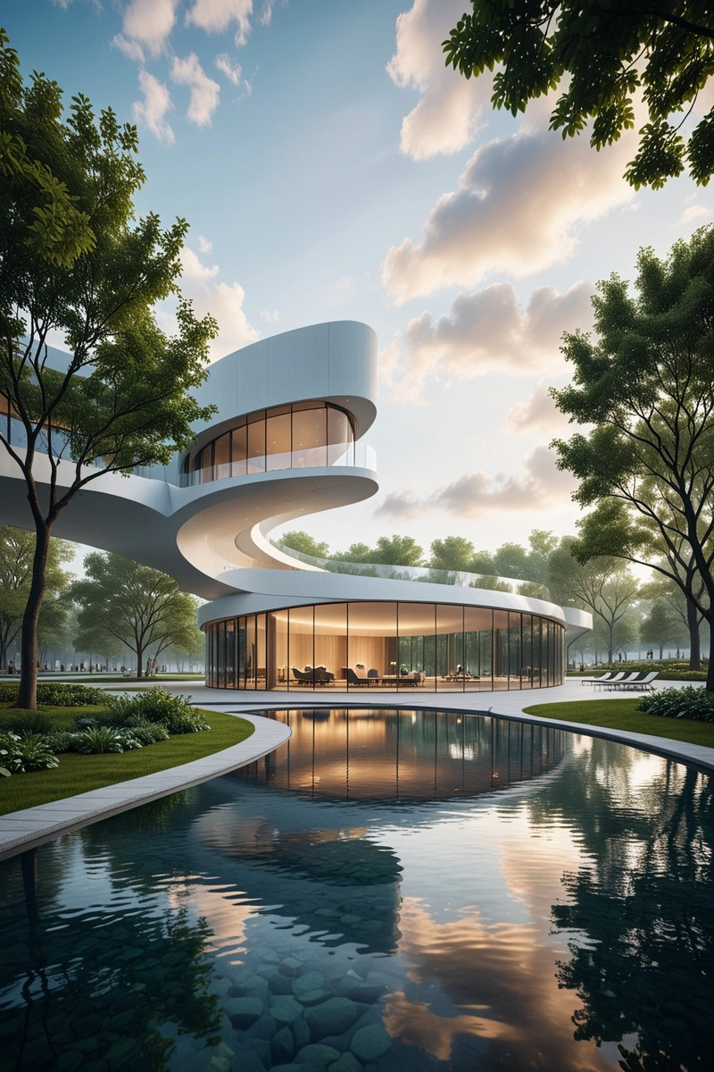 现代建筑的建筑效果图,具有弯曲的立面,位于反射池旁边。该建筑以圆形窗户和独特的波浪状形状为特色。故事发生在一个有树的公园里,可以看到一个人在附近散步。天空是阴的,但这景色在水中反射得很美。该图像以3D渲染风格捕获。 现代建筑的建筑效果图,具有弯曲的立面,位于反射池旁边。该建筑以圆形窗户和独特的波浪状形状为特色。故事发生在一个有树的公园里,可以看到一个人在附近散步。天空是阴的,但这景色在水中反射得很美。该图像以3D渲染风格捕获。