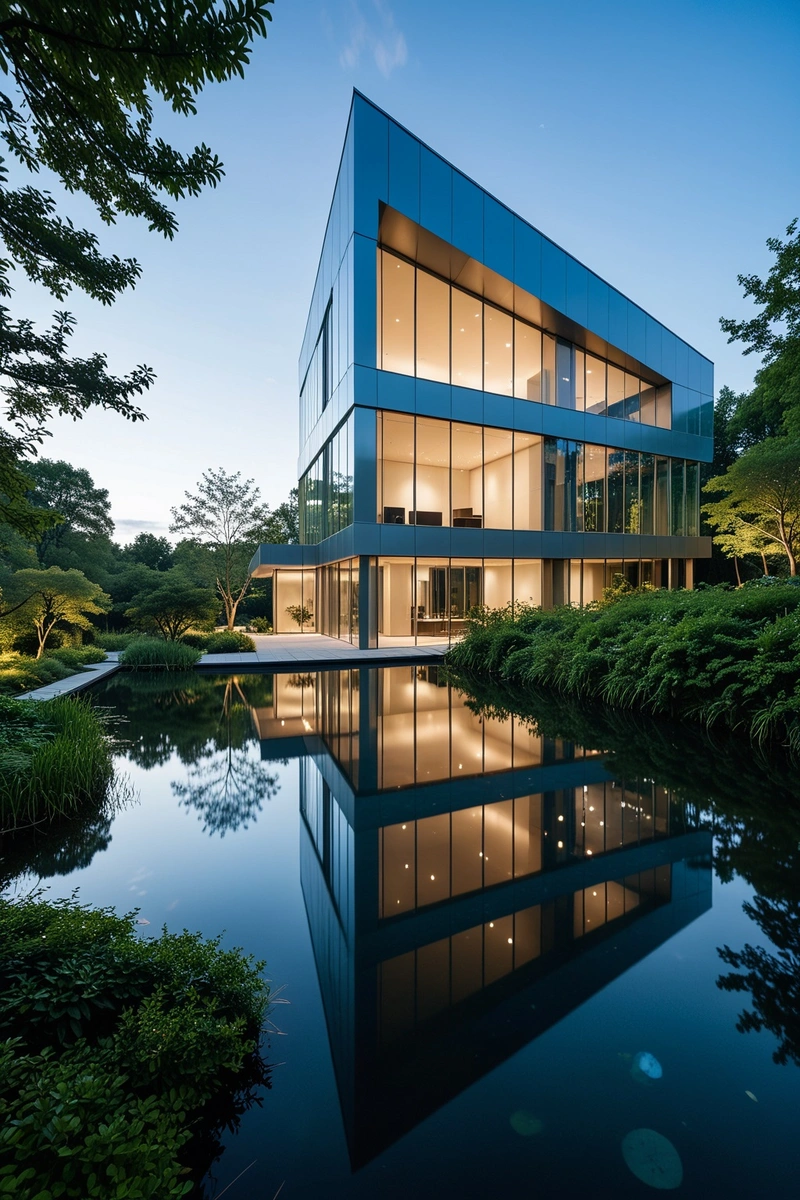 这幅图展示了一座玻璃幕墙的现代建筑,坐落在宁静的花园中。这座建筑看起来像是一个陈列室或博物馆,线条流畅,内部光线充足。花园里点缀着树木和灌木,营造出一种宁静的氛围。建筑的倒影可以在附近的池塘中看到,增加了视觉吸引力。天空是一片美丽的蓝色,缕缕的云为场景增添了一丝柔和。图像的整体风格是现代和极简主义,重点是干净的线条和自然元素。光影的运用增加了图像的深度和维度。画面构图很好,建筑、池塘和树木共同创造了一个和谐的整体。该图像具有平静祥和的氛围,使其成为现代建筑和设计的理想代表。 这幅图展示了一座玻璃幕墙的现代建筑,坐落在宁静的花园中。这座建筑看起来像是一个陈列室或博物馆,线条流畅,内部光线充足。花园里点缀着树木和灌木,营造出一种宁静的氛围。建筑的倒影可以在附近的池塘中看到,增加了视觉吸引力。天空是一片美丽的蓝色,缕缕的云为场景增添了一丝柔和。图像的整体风格是现代和极简主义,重点是干净的线条和自然元素。光影的运用增加了图像的深度和维度。画面构图很好,建筑、池塘和树木共同创造了一个和谐的整体。该图像具有平静祥和的氛围,使其成为现代建筑和设计的理想代表。