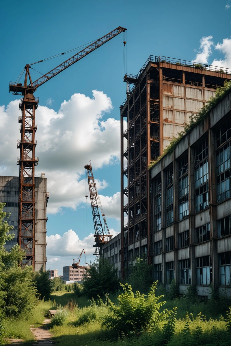 一个废弃的工业区，有高耸的建筑物和一台大型起重机。建筑由钢和混凝土构成，并覆盖着植被。天空是蓝色的，有白云。这个场景充满了传达忽视和腐朽感的元素，如破碎的窗户，生锈的机器和杂草丛生。整体风格是后工业风格，注重质感和衰败。构图强烈，以大型起重机为焦点。色调是柔和的，以灰色、棕色和绿色为主。这张照片是在白天拍摄的。