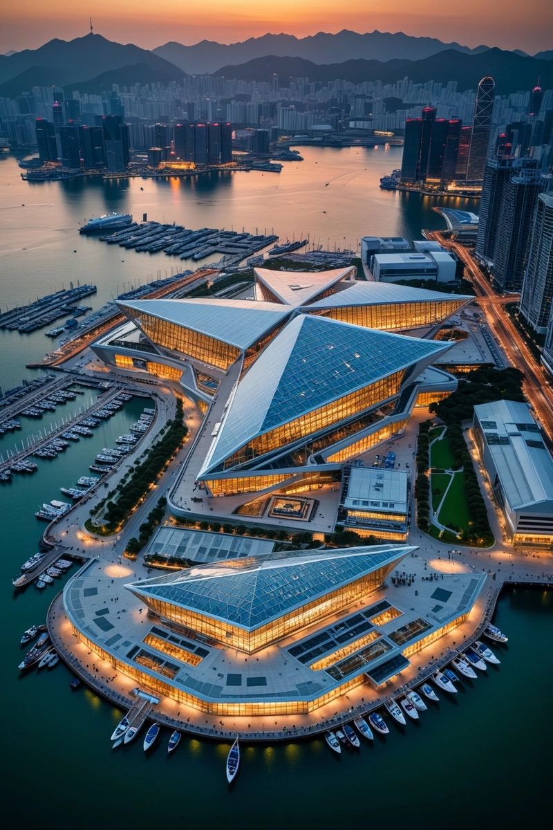 香港会议展览中心鸟瞰图,位于海滨,由玻璃和钢铁制成的大型屋顶。屋顶类似于一系列相互连接的三角形,向各个方向延伸。该建筑坐落在一个繁忙的港口旁边,有许多不同大小的船只停靠。在远处,可以看到城市的天际线,有玻璃窗的高层建筑。这张照片是在日落时拍摄的,天空的金色反射在水面和建筑物的屋顶上。图像的整体风格是现代和圆滑的,强烈强调建筑和设计。光影的运用增加了场景的深度和维度。这幅画完美地体现了这座城市的现代化与自然之美。 香港会议展览中心鸟瞰图,位于海滨,由玻璃和钢铁制成的大型屋顶。屋顶类似于一系列相互连接的三角形,向各个方向延伸。该建筑坐落在一个繁忙的港口旁边,有许多不同大小的船只停靠。在远处,可以看到城市的天际线,有玻璃窗的高层建筑。这张照片是在日落时拍摄的,天空的金色反射在水面和建筑物的屋顶上。图像的整体风格是现代和圆滑的,强烈强调建筑和设计。光影的运用增加了场景的深度和维度。这幅画完美地体现了这座城市的现代化与自然之美。