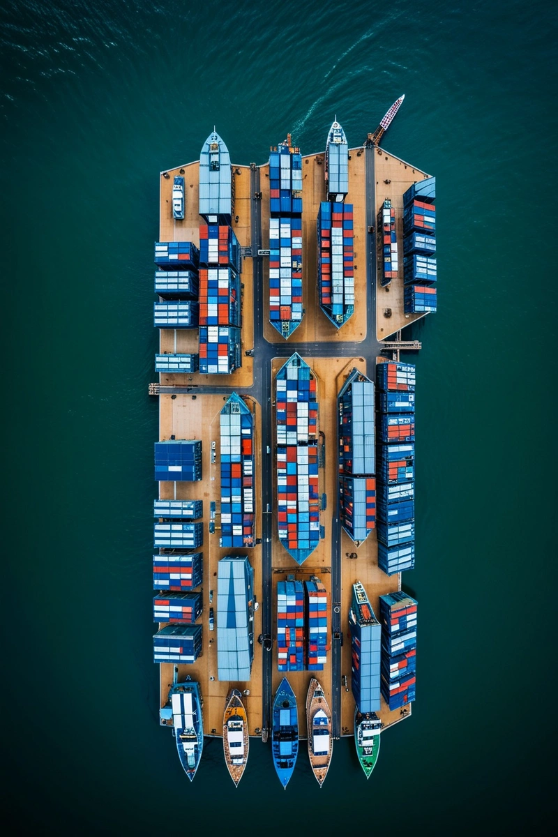 中国烟台港的鸟瞰图,在海滨有一个引人注目的建筑结构。烟台港是一个繁忙的航运枢纽,有许多船只停靠在港口。天空多云,笼罩着一种忧郁的气氛。该图像捕捉了现代建筑的精髓和港口的动态特性。 中国烟台港的鸟瞰图,在海滨有一个引人注目的建筑结构。烟台港是一个繁忙的航运枢纽,有许多船只停靠在港口。天空多云,笼罩着一种忧郁的气氛。该图像捕捉了现代建筑的精髓和港口的动态特性。