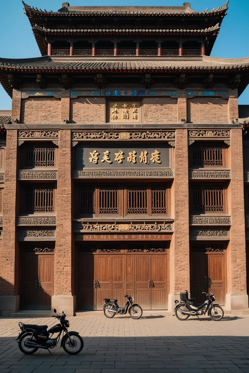 图片中显示的是一座古老的中国建筑——平遥文化宫。这座建筑是用红砖建造的,入口是灰色的石头。这座建筑的入口上方有一个牌子,上面写着“平遥佳节宫”。人们在大楼里进进出出。大楼外面停着三辆摩托车,有两个人从他们身边走过。远处停着两辆自行车。天空是湛蓝的,阳光灿烂。画面的整体氛围是平静祥和的。 图片中显示的是一座古老的中国建筑——平遥文化宫。这座建筑是用红砖建造的,入口是灰色的石头。这座建筑的入口上方有一个牌子,上面写着“平遥佳节宫”。人们在大楼里进进出出。大楼外面停着三辆摩托车,有两个人从他们身边走过。远处停着两辆自行车。天空是湛蓝的,阳光灿烂。画面的整体氛围是平静祥和的。