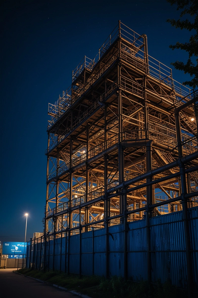 这座工业建筑有一条大管道贯穿其中,建筑结构独特,管道和脚手架都是外露的。在夜晚,外部被照亮,创造出戏剧性的效果。天空是深蓝色的,前景中有一棵树。这座建筑被栅栏包围着,围墙上有几个标志。整体风格是工业和现代的。这张照片是在晚上拍摄的,营造出一种忧郁的气氛。 这座工业建筑有一条大管道贯穿其中,建筑结构独特,管道和脚手架都是外露的。在夜晚,外部被照亮,创造出戏剧性的效果。天空是深蓝色的,前景中有一棵树。这座建筑被栅栏包围着,围墙上有几个标志。整体风格是工业和现代的。这张照片是在晚上拍摄的,营造出一种忧郁的气氛。