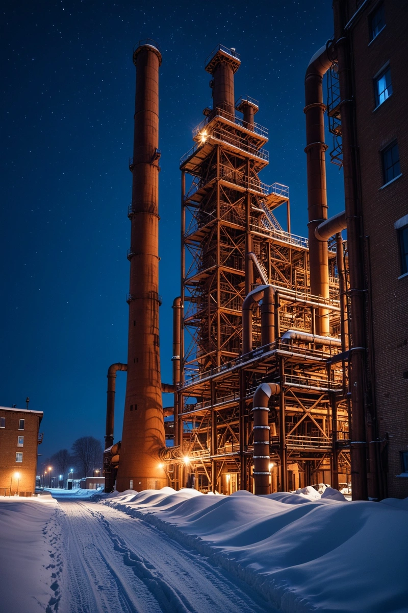 一座老旧的、生锈的工厂坐落在夜晚的雪地里。这座建筑有许多管道和塔楼，给人一种工业感。天空是深蓝色的，雪有一种白色的、冰冷的色调。整个场景给人一种静止和安静的感觉。