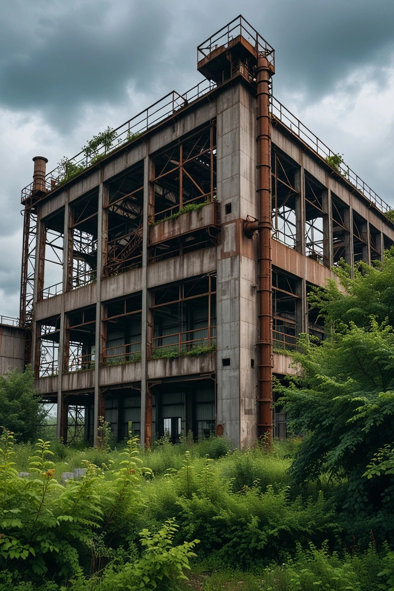 一座废弃的工业建筑，锈迹斑斑的钢结构和杂草丛生的植被，映衬着灰色的天空。