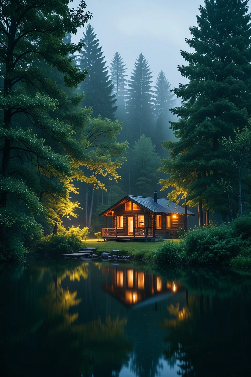 一间灯火通明的小木屋坐落在湖边,周围是树木和雾气。小屋有一个玻璃正面,允许自然光和令人惊叹的景色。现场散发出一种宁静祥和的气氛。 一间灯火通明的小木屋坐落在湖边,周围是树木和雾气。小屋有一个玻璃正面,允许自然光和令人惊叹的景色。现场散发出一种宁静祥和的气氛。