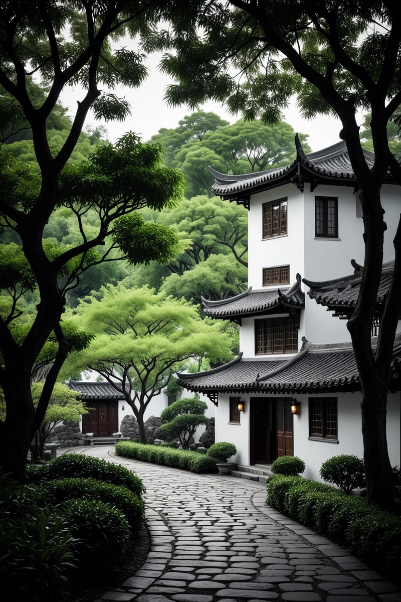 一座小而传统的中国房子坐落在郁郁葱葱的绿树中,有一条石头小路通向它。房子的特点是灰色的屋顶和白色的墙壁,前景有一个木制的栅栏。场景有一种宁静自然的氛围,柔和的阴光在场景中投射出温暖的光芒。图像是黑白的,强调图像明暗区域的对比。树木和房屋共同创造了场景的深度和维度感。 一座小而传统的中国房子坐落在郁郁葱葱的绿树中,有一条石头小路通向它。房子的特点是灰色的屋顶和白色的墙壁,前景有一个木制的栅栏。场景有一种宁静自然的氛围,柔和的阴光在场景中投射出温暖的光芒。图像是黑白的,强调图像明暗区域的对比。树木和房屋共同创造了场景的深度和维度感。