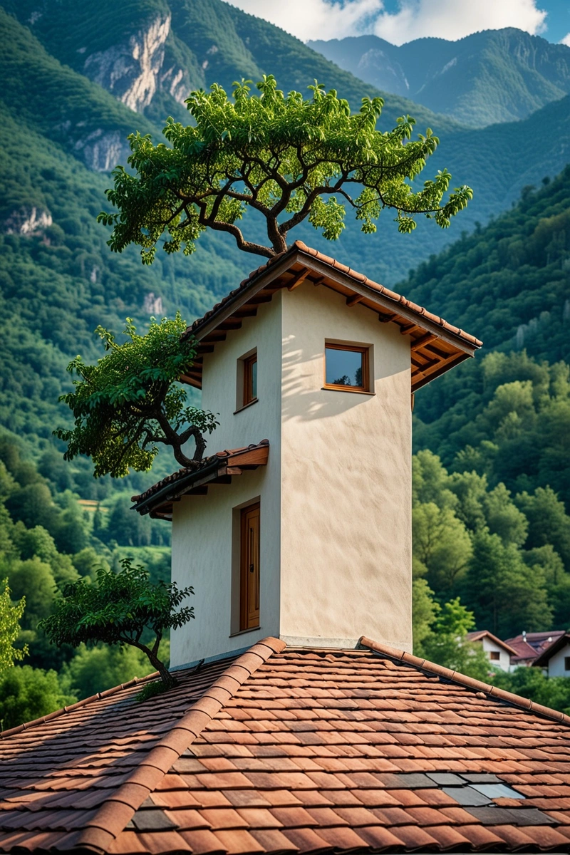 一棵小树长在房子的屋顶上，周围是美丽的自然景观。天空多云，周围群山郁郁葱葱。这座房子设计简单、现代，屋顶是瓦片。这棵树似乎以一种不寻常的方式生长，房子的一侧是它的树干。这张照片捕捉到了人与自然的和谐。