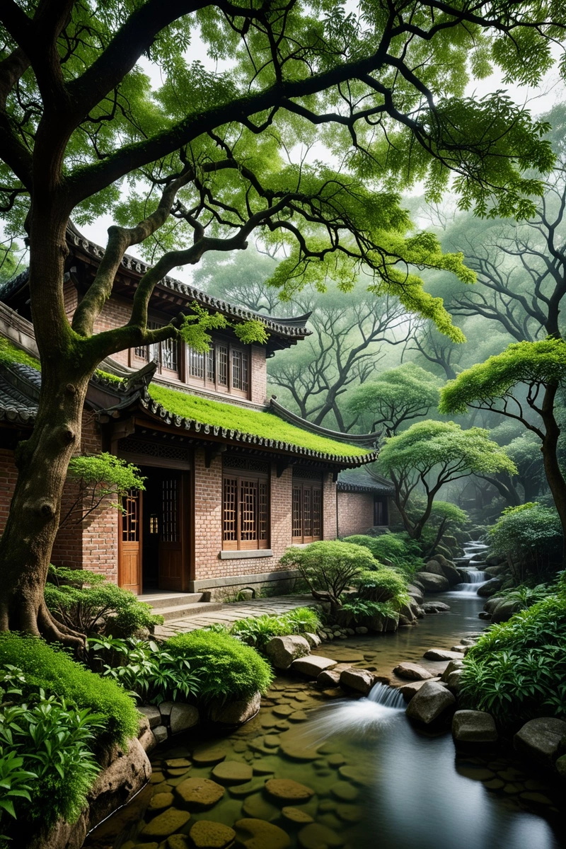 一个宁静的中国传统四合院坐落在古树之间,前面有一条潺潺的小溪。房子由砖和玻璃制成,与周围的自然环境无缝融合。气氛平和宁静,有一种永恒的感觉。这幅图捕捉到了中国建筑风格的精髓,即房屋与自然和谐共存。使用天然材料,如苔藓覆盖的树和石墙,增加了现场的乡村魅力。悬垂的树枝和柔和的微风创造了一种运动感,并增加了构图的深度。整体色调是朴实的,有来自树木和流动的小溪的绿色暗示。天气似乎是阴天,有轻微的毛毛雨增加了气氛。 一个宁静的中国传统四合院坐落在古树之间,前面有一条潺潺的小溪。房子由砖和玻璃制成,与周围的自然环境无缝融合。气氛平和宁静,有一种永恒的感觉。这幅图捕捉到了中国建筑风格的精髓,即房屋与自然和谐共存。使用天然材料,如苔藓覆盖的树和石墙,增加了现场的乡村魅力。悬垂的树枝和柔和的微风创造了一种运动感,并增加了构图的深度。整体色调是朴实的,有来自树木和流动的小溪的绿色暗示。天气似乎是阴天,有轻微的毛毛雨增加了气氛。