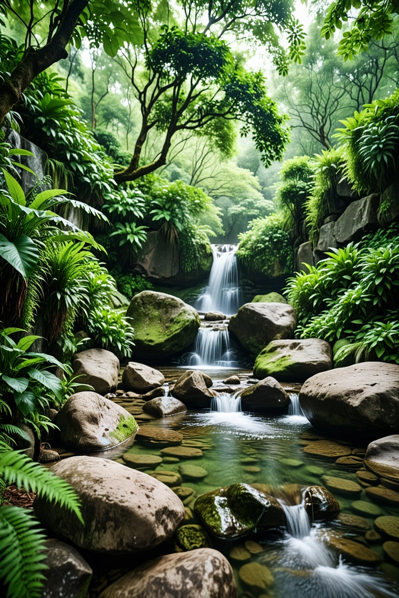 一个宁静的瀑布瀑布在大岩石上，周围是郁郁葱葱的绿色植物。景色沐浴在柔和的自然光中。