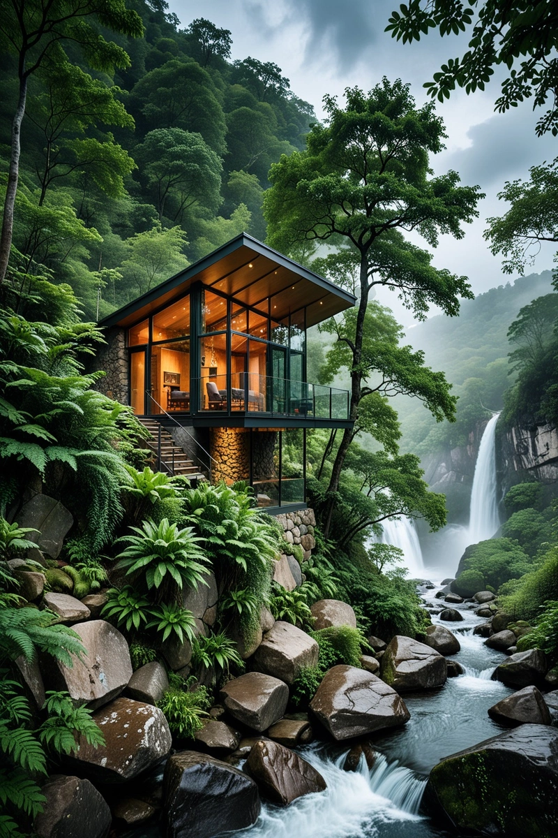 一个令人惊叹的玻璃小屋坐落在岩石上,俯瞰着湍急的瀑布。周围环境郁郁葱葱,树叶茂密,雾气弥漫。小屋的透明墙壁可以欣赏到瀑布和周围景观的壮丽景色。小屋的风格是极简主义和现代,线条简洁,设计时尚。图像的构图无可挑剔,瀑布作为中心焦点,小屋作为令人惊叹的背景。调色板是朴实自然的,绿色、棕色和灰色的色调主导着整个场景。天气似乎是阴天,天空中乌云密布,但光线仍然设法过滤,创造出一种喜怒无常和大气的效果。总的来说,这幅图像是自然力量和美丽的美丽而宁静的表现。 一个令人惊叹的玻璃小屋坐落在岩石上,俯瞰着湍急的瀑布。周围环境郁郁葱葱,树叶茂密,雾气弥漫。小屋的透明墙壁可以欣赏到瀑布和周围景观的壮丽景色。小屋的风格是极简主义和现代,线条简洁,设计时尚。图像的构图无可挑剔,瀑布作为中心焦点,小屋作为令人惊叹的背景。调色板是朴实自然的,绿色、棕色和灰色的色调主导着整个场景。天气似乎是阴天,天空中乌云密布,但光线仍然设法过滤,创造出一种喜怒无常和大气的效果。总的来说,这幅图像是自然力量和美丽的美丽而宁静的表现。