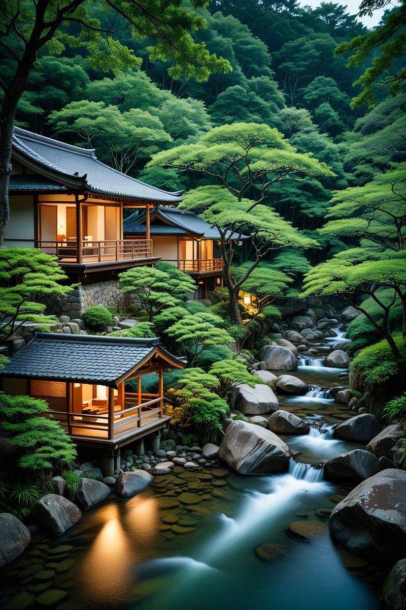 一座宁静的日本房子坐落在树林里,俯瞰着一条潺潺的小溪,两旁是大块的岩石。这张长时间曝光的照片捕捉到了水流过岩石的画面,营造出梦幻般的效果。传统的日本建筑在木结构和瓦板上很明显。周围树木的深绿色和房子的暖色调创造了一个和谐的调色板。这个形象散发出一种和平与宁静的感觉,使它成为远离喧嚣的现代生活的理想之地。 一座宁静的日本房子坐落在树林里,俯瞰着一条潺潺的小溪,两旁是大块的岩石。这张长时间曝光的照片捕捉到了水流过岩石的画面,营造出梦幻般的效果。传统的日本建筑在木结构和瓦板上很明显。周围树木的深绿色和房子的暖色调创造了一个和谐的调色板。这个形象散发出一种和平与宁静的感觉,使它成为远离喧嚣的现代生活的理想之地。