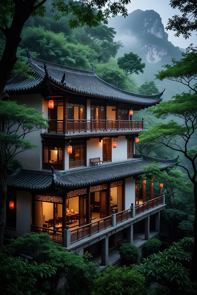 一个传统的中国四合院坐落在茂密的森林中,宁静而雾蒙蒙的景象。房子被树木和群山环绕,营造出一种宁静祥和的氛围。房子被蜡烛照亮,为现场增添了舒适和温暖的氛围。这栋房子的建筑是传统与现代风格的结合,带有一个可以俯瞰周围大自然的大阳台。这张照片捕捉到了人造建筑和自然景观的美,完美地体现了人与自然的和谐。 一个传统的中国四合院坐落在茂密的森林中,宁静而雾蒙蒙的景象。房子被树木和群山环绕,营造出一种宁静祥和的氛围。房子被蜡烛照亮,为现场增添了舒适和温暖的氛围。这栋房子的建筑是传统与现代风格的结合,带有一个可以俯瞰周围大自然的大阳台。这张照片捕捉到了人造建筑和自然景观的美,完美地体现了人与自然的和谐。