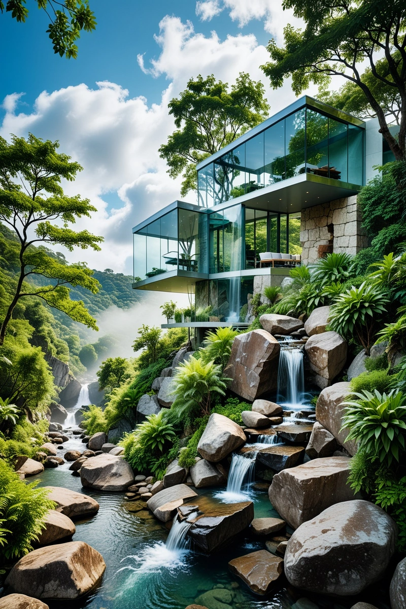 一座透明的玻璃房子坐落在一块露出地面的岩石上,俯瞰着令人惊叹的瀑布。瀑布从一系列岩石上倾泻而下,水雾从水中升起。周围环境郁郁葱葱,以树木和灌木为特色。这所房子有现代风格,线条简洁,设计简约。天空是蓝色的,有白云,预示着一个晴朗的晴天。这幅画是自然与现代建筑的完美结合。 一座透明的玻璃房子坐落在一块露出地面的岩石上,俯瞰着令人惊叹的瀑布。瀑布从一系列岩石上倾泻而下,水雾从水中升起。周围环境郁郁葱葱,以树木和灌木为特色。这所房子有现代风格,线条简洁,设计简约。天空是蓝色的,有白云,预示着一个晴朗的晴天。这幅画是自然与现代建筑的完美结合。