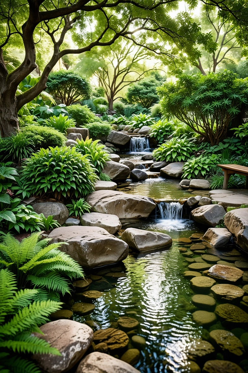 一个宁静的花园场景,一条潺潺的小溪流过岩石,在一棵郁郁葱葱的树下。一条小瀑布从岩石上倾泻而下,流入宁静的水潭。景观是由对细节的仔细关注组成的,树下放置的长凳为坐下来欣赏风景提供了一个安静的地方。花园的特点是自然元素和人造结构的混合,创造了一个和谐和放松的氛围。 一个宁静的花园场景,一条潺潺的小溪流过岩石,在一棵郁郁葱葱的树下。一条小瀑布从岩石上倾泻而下,流入宁静的水潭。景观是由对细节的仔细关注组成的,树下放置的长凳为坐下来欣赏风景提供了一个安静的地方。花园的特点是自然元素和人造结构的混合,创造了一个和谐和放松的氛围。