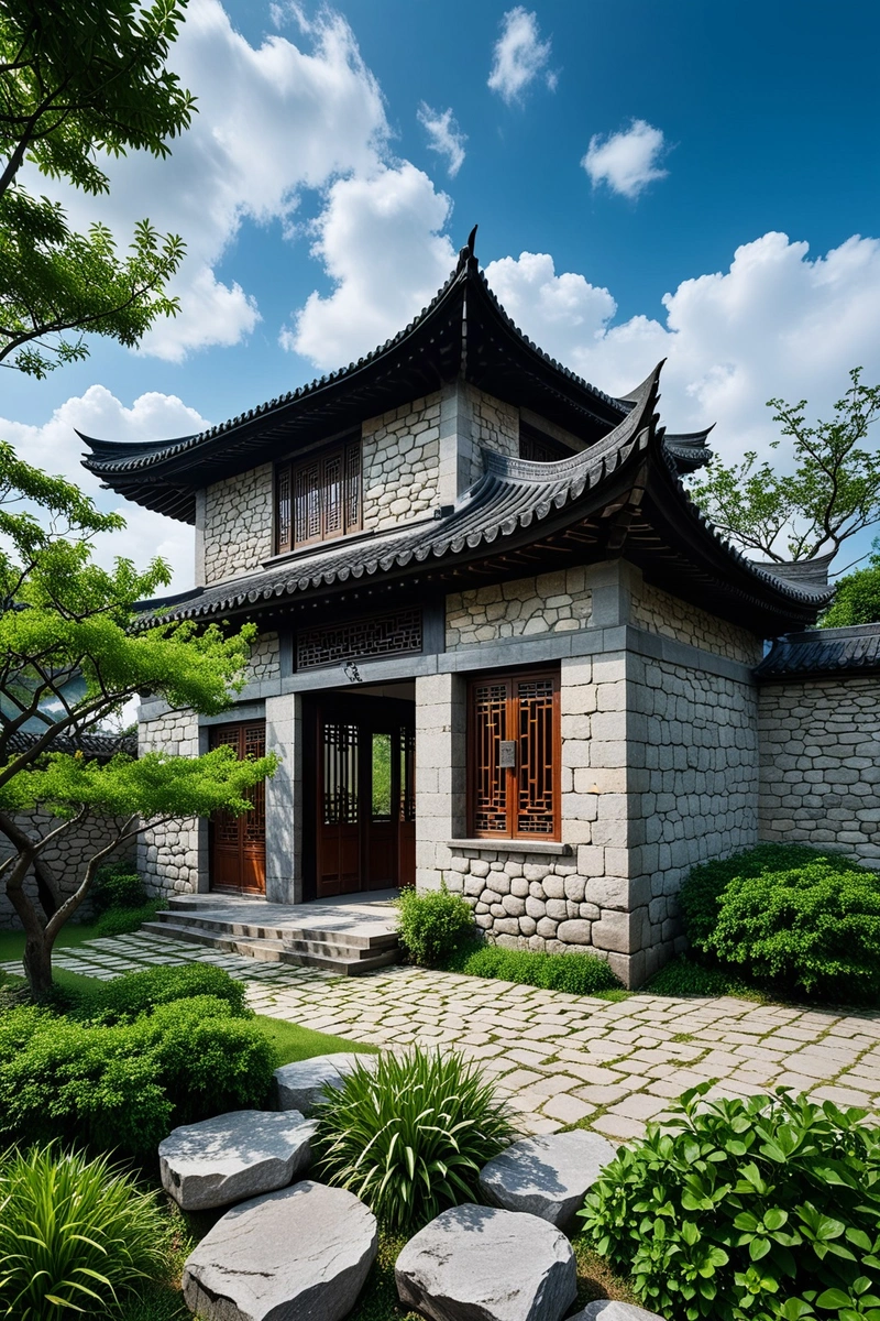 一座古老的中国风格的建筑,在它的旁边有一个新的扩建。这座建筑由灰色的石头建造,有一个黑色的屋顶,中间有一个缺口。屋顶上长满了绿色植物。这座建筑被大石头、草和树包围着。天空是蓝色的,有一些白云。 一座古老的中国风格的建筑,在它的旁边有一个新的扩建。这座建筑由灰色的石头建造,有一个黑色的屋顶,中间有一个缺口。屋顶上长满了绿色植物。这座建筑被大石头、草和树包围着。天空是蓝色的,有一些白云。