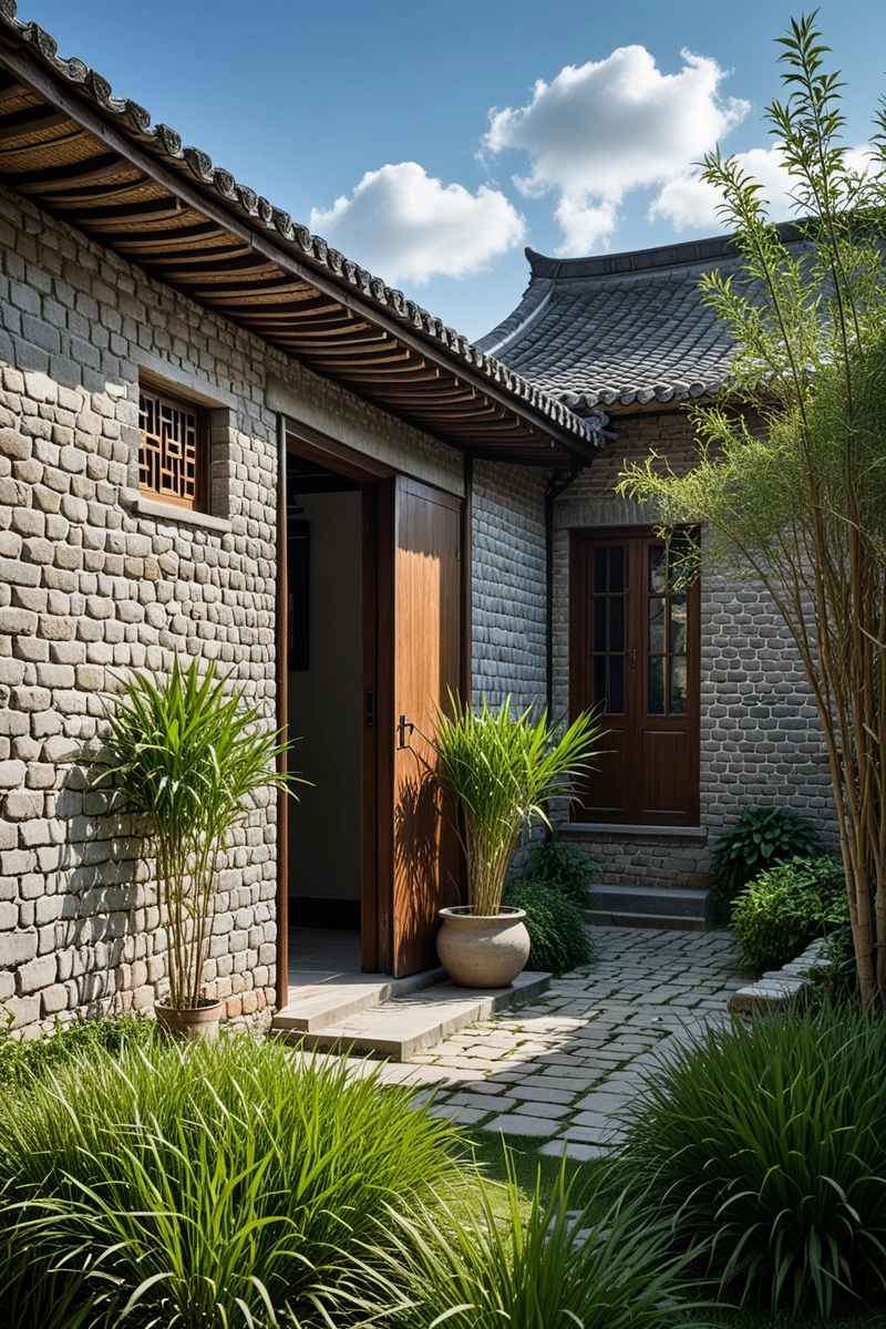 一座传统的中国四合院坐落在农村地区,屋顶是茅草屋顶,墙壁是灰瓦。这座房子是用灰砖和白色石头建造的。墙壁很低,门窗也很简单。房子被一个种着草和一些植物的小花园包围着。在前景,有一小块草地和一些稻草。天空晴朗湛蓝,这张照片是在白天拍摄的。 一座传统的中国四合院坐落在农村地区,屋顶是茅草屋顶,墙壁是灰瓦。这座房子是用灰砖和白色石头建造的。墙壁很低,门窗也很简单。房子被一个种着草和一些植物的小花园包围着。在前景,有一小块草地和一些稻草。天空晴朗湛蓝,这张照片是在白天拍摄的。