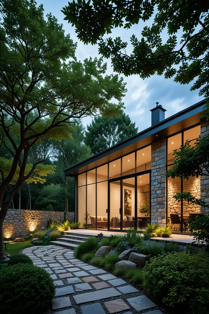 一个带有大玻璃墙和金属屋顶的住宅扩建位于农村地区。扩建部分被石墙和杂草丛生的植被包围。天空多云,灯光柔和。房子四周有一个小花园,花园里种了几棵树和灌木。扩建部分与原来的石屋无缝融合,展示了现代和可持续的设计。 一个带有大玻璃墙和金属屋顶的住宅扩建位于农村地区。扩建部分被石墙和杂草丛生的植被包围。天空多云,灯光柔和。房子四周有一个小花园,花园里种了几棵树和灌木。扩建部分与原来的石屋无缝融合,展示了现代和可持续的设计。